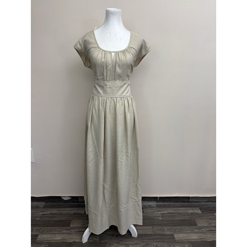 NWT Max Studio Maxi Dress Large L Cream Taupe Polyester Crinkle Cottagecore New